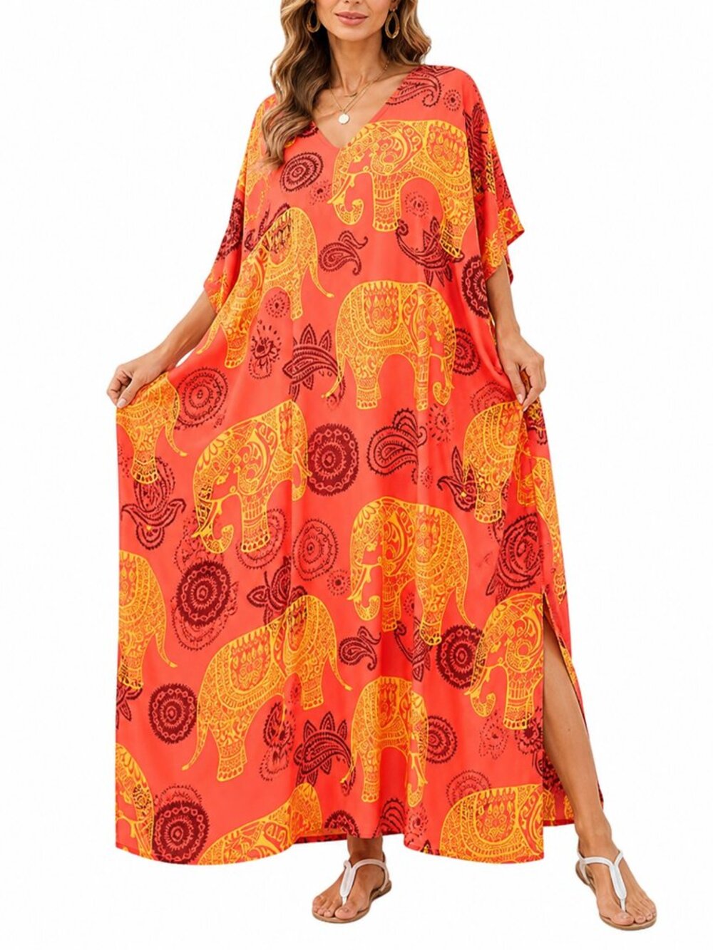 Plus Size Women Caftan Dress Comfy Maxi Mumu Dresses Kimono Sleeve for Summer